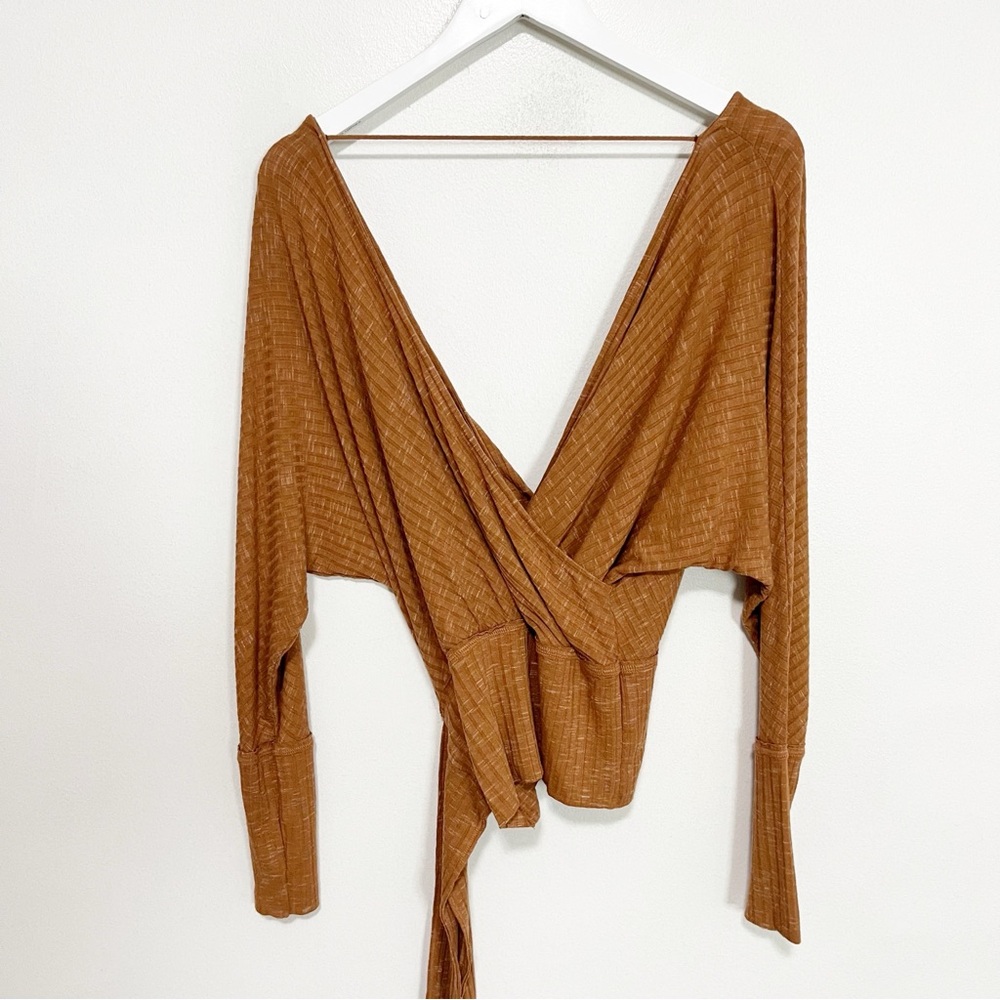 BOGO! Free People East Coast Ribbed Knit Wrap Sweater Top Tan Size XS - Picture 5 of 8